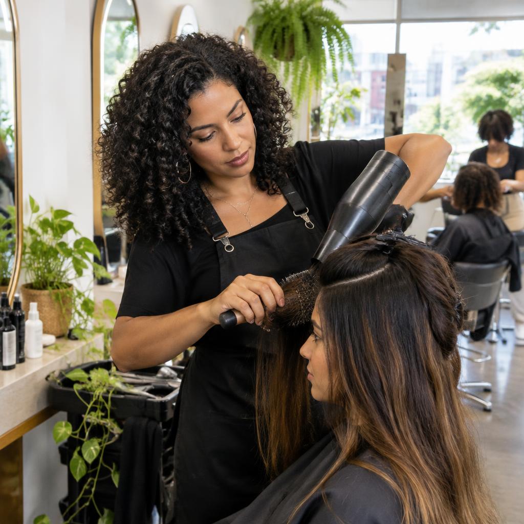 Profissional de salão trabalhando enquanto atende uma cliente